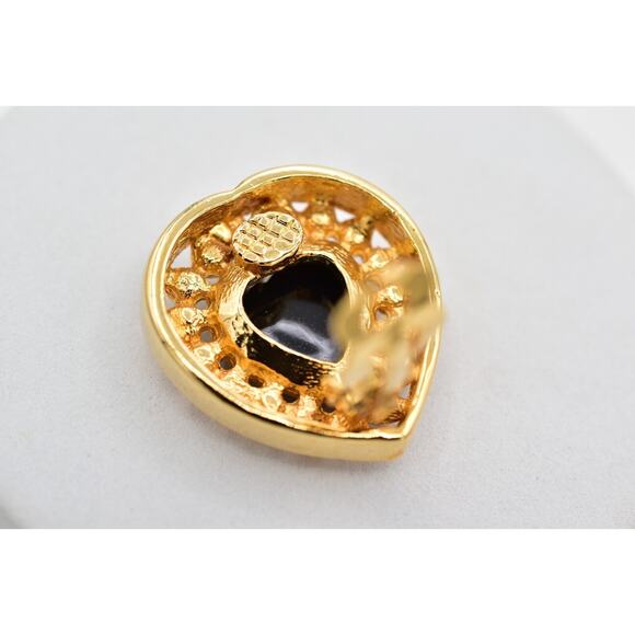 Vintage Crystal Heart Clip On Earrings Black Chunky Gold Heavy NOS 1980s A22 - Picture 14 of 16